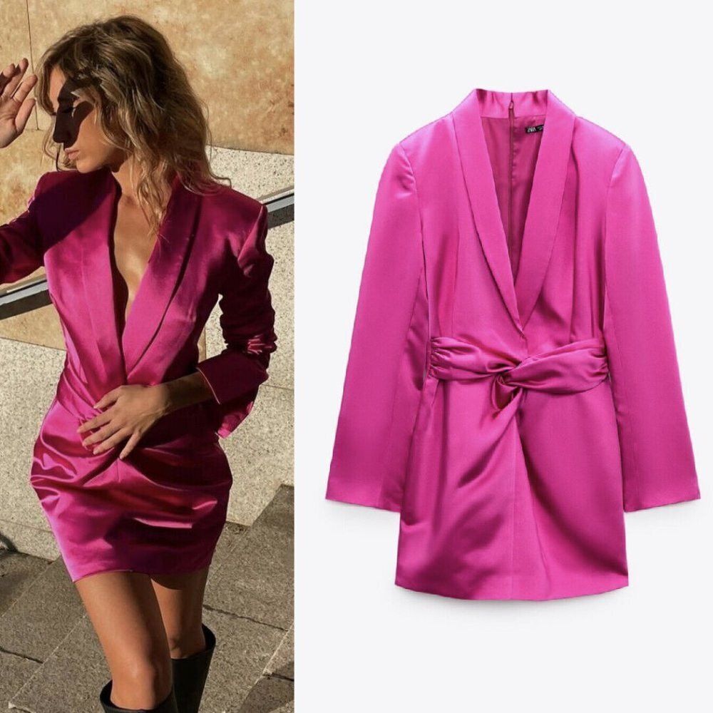 Zara Ruched Satin Pink Blazer Dress XS